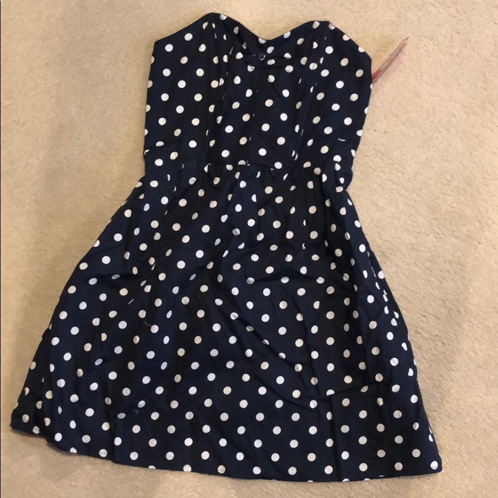 Strapless blue/white polka dot dress